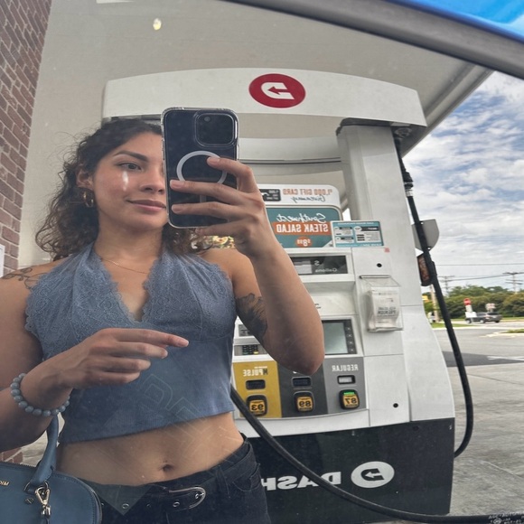 Lace Cropped Halter Top - Dusty Blue - Picture 2 of 5